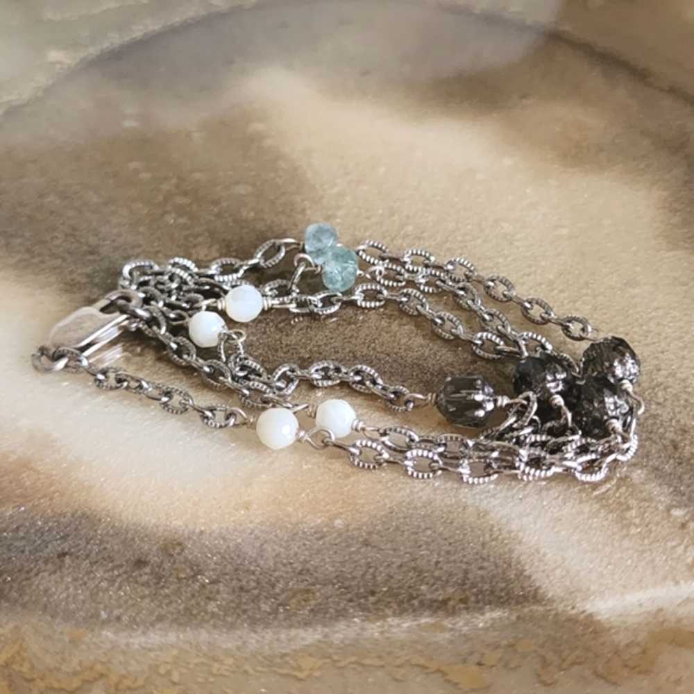 Czech Glass Mother of Pearl Aquamarine Silver Necklace